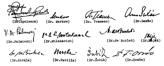 Samtliga namnteckningar från medlemmarna ur den internationella tekniska kommissionen.